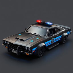 A sleek, heavily-armored police sedan that fuses vintage muscle car aesthetics with advanced technology