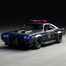 A sleek, heavily-armored police sedan that fuses vintage muscle car aesthetics with advanced technology