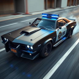 A sleek, heavily-armored police sedan that fuses vintage muscle car aesthetics with advanced technology