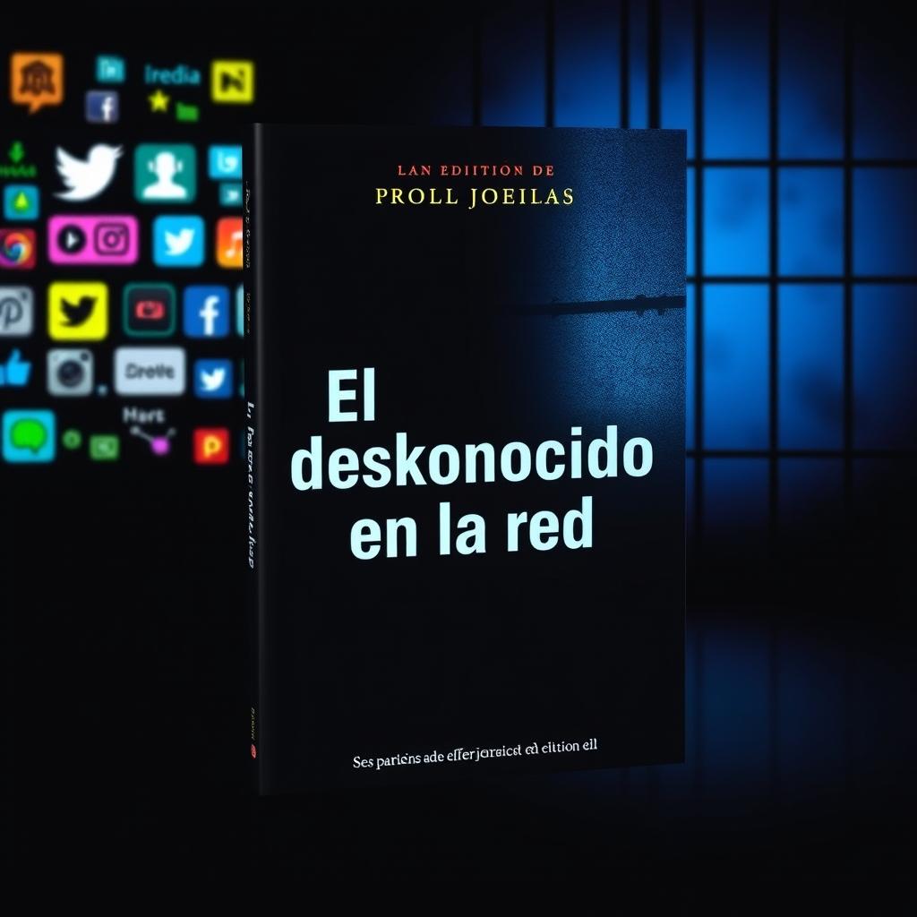 An engaging book cover for "El desconocido en la red", depicting a gripping blend of social media elements and a prison setting