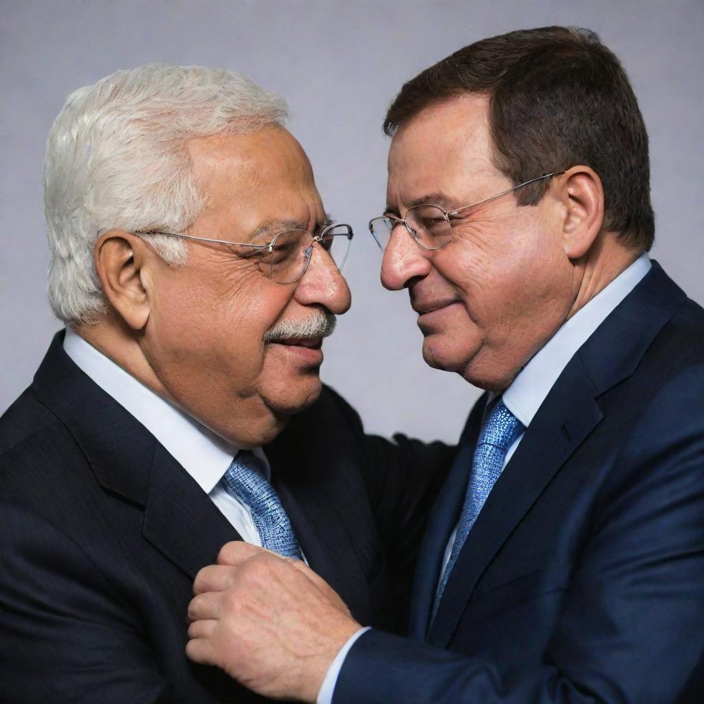 A heartwarming, neutral depiction of Mahmoud Abbas and Isaac Herzog, leaders from different backgrounds, engaged in a friendly embrace as a symbol of unity, respect, and the potential for peace.