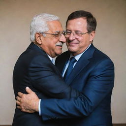 A heartwarming, neutral depiction of Mahmoud Abbas and Isaac Herzog, leaders from different backgrounds, engaged in a friendly embrace as a symbol of unity, respect, and the potential for peace.