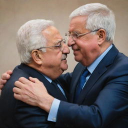 A heartwarming, neutral depiction of Mahmoud Abbas and Isaac Herzog, leaders from different backgrounds, engaged in a friendly embrace as a symbol of unity, respect, and the potential for peace.