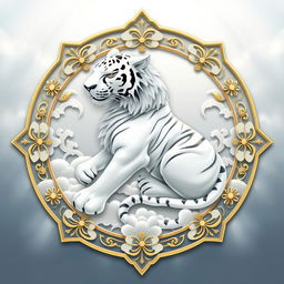 An emblem representing a peaceful medieval Asian kingdom, featuring a majestic white tiger as the central symbol, inspired by Chinese cosmology