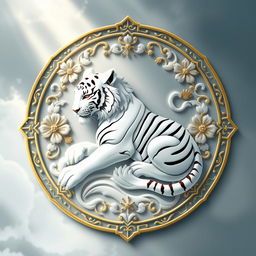 An emblem representing a peaceful medieval Asian kingdom, featuring a majestic white tiger as the central symbol, inspired by Chinese cosmology