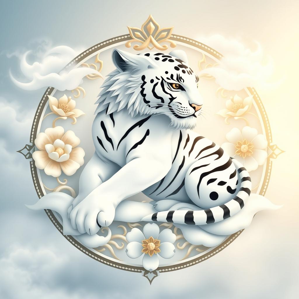 An emblem representing a peaceful medieval Asian kingdom, featuring a majestic white tiger as the central symbol, inspired by Chinese cosmology