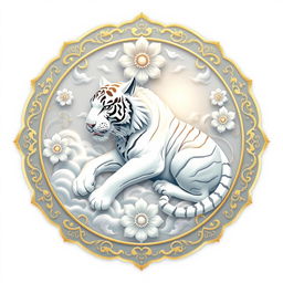 An emblem representing a peaceful medieval Asian kingdom, featuring a majestic white tiger as the central symbol, inspired by Chinese cosmology