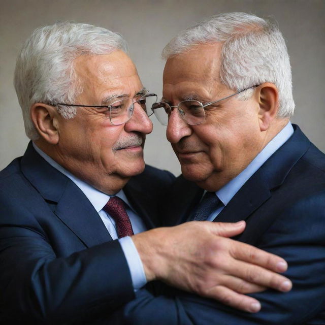 A heartwarming, neutral depiction of Mahmoud Abbas and Isaac Herzog, leaders from different backgrounds, engaged in a friendly embrace as a symbol of unity, respect, and the potential for peace.