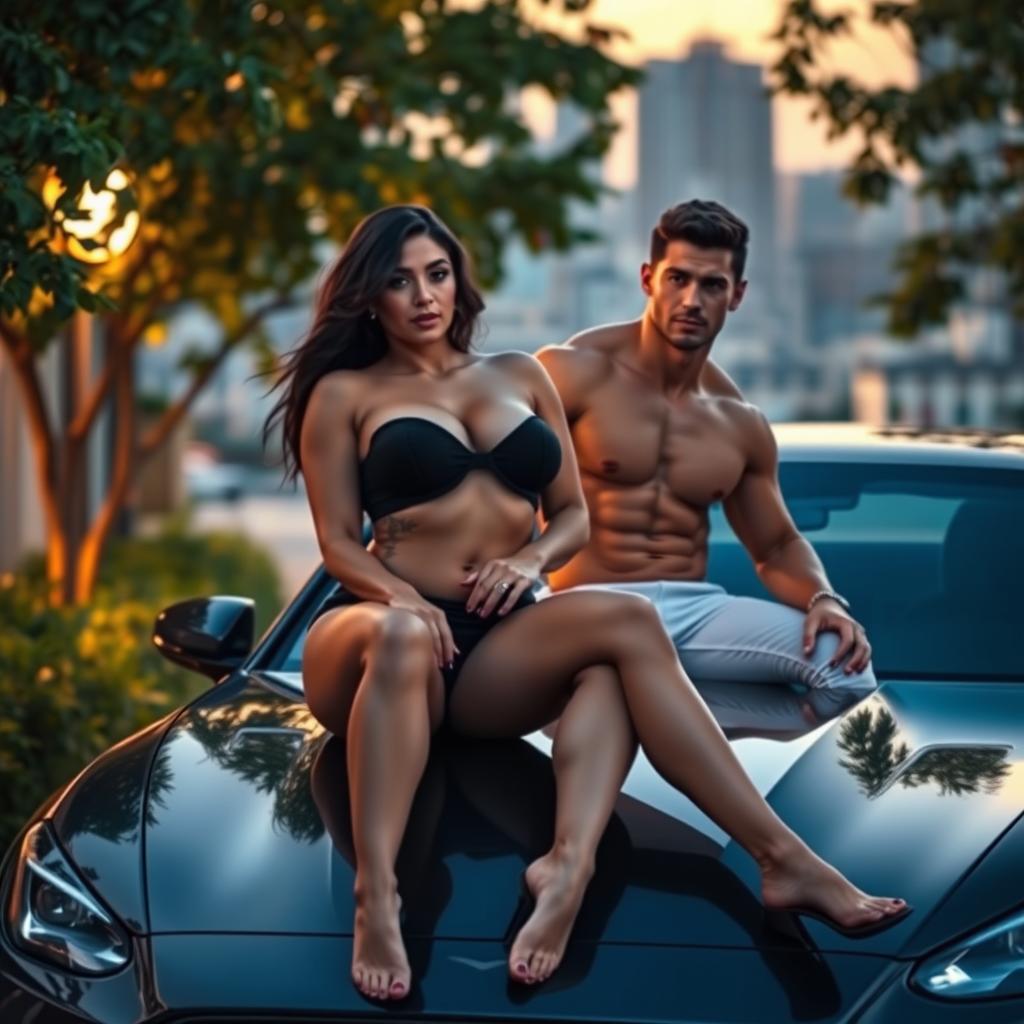 A sensual and intimate scene featuring a voluptuous woman with large breasts, sitting confidently on the hood of a sleek car