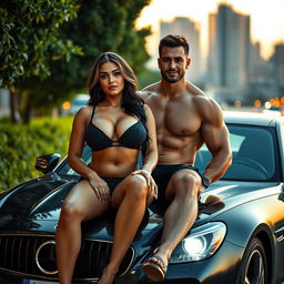 A sensual and intimate scene featuring a voluptuous woman with large breasts, sitting confidently on the hood of a sleek car