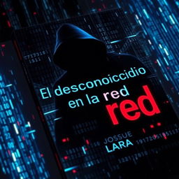 A mysterious and captivating book cover for 'El desconocido en la red' by Josue Lara, featuring a shadowy figure partially obscured by a cascade of digital code and binary patterns, symbolizing anonymity in the digital world