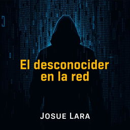 A mysterious and captivating book cover for 'El desconocido en la red' by Josue Lara, featuring a shadowy figure partially obscured by a cascade of digital code and binary patterns, symbolizing anonymity in the digital world