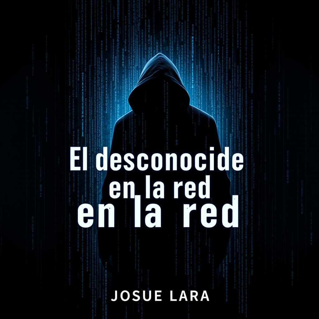 A mysterious and captivating book cover for 'El desconocido en la red' by Josue Lara, featuring a shadowy figure partially obscured by a cascade of digital code and binary patterns, symbolizing anonymity in the digital world