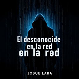 A mysterious and captivating book cover for 'El desconocido en la red' by Josue Lara, featuring a shadowy figure partially obscured by a cascade of digital code and binary patterns, symbolizing anonymity in the digital world