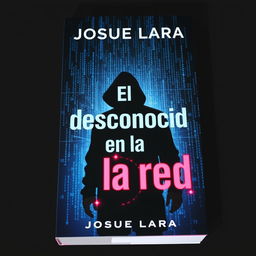 A mysterious and captivating book cover for 'El desconocido en la red' by Josue Lara, featuring a shadowy figure partially obscured by a cascade of digital code and binary patterns, symbolizing anonymity in the digital world