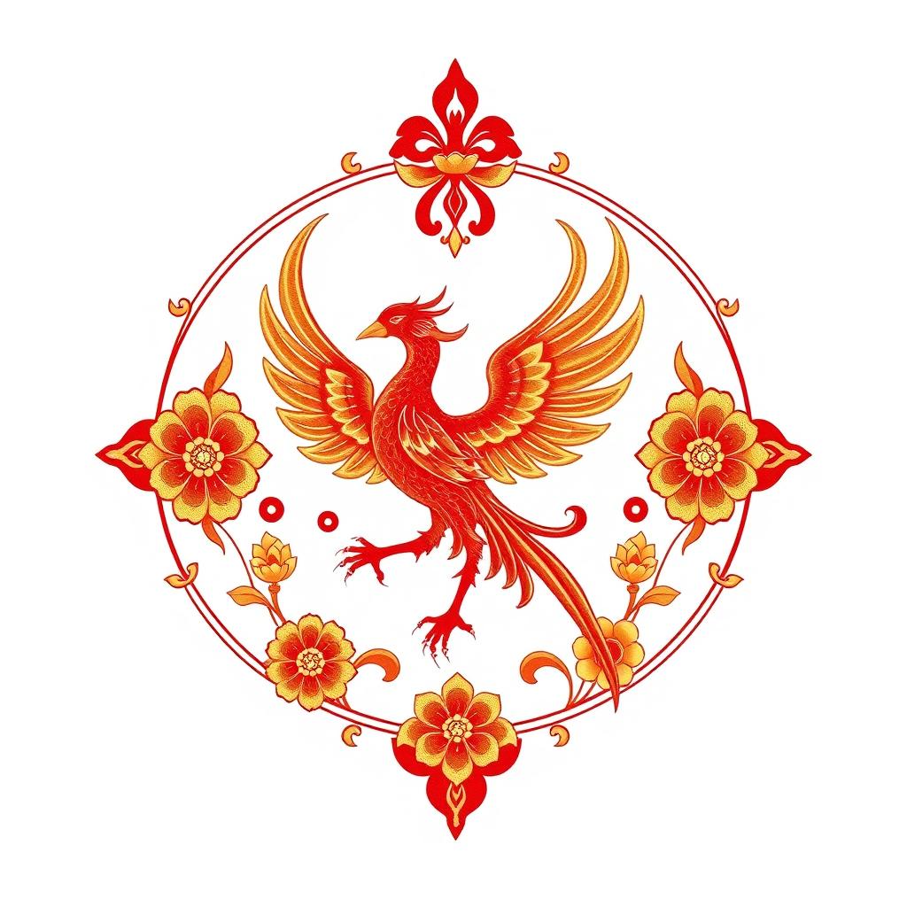 An emblem representing a peaceful medieval Asian kingdom, featuring the elegant Suzaku (Vermilion Bird) as the central symbol, inspired by Chinese cosmology