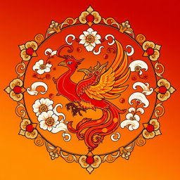 An emblem representing a medieval Asian kingdom, prominently featuring the Suzaku (Vermilion Bird) from Chinese cosmology as the central symbol