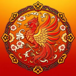 An emblem representing a medieval Asian kingdom, prominently featuring the Suzaku (Vermilion Bird) from Chinese cosmology as the central symbol