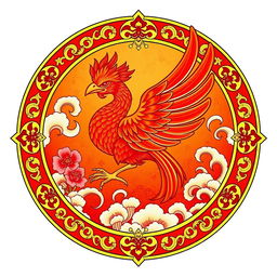 An emblem representing a medieval Asian kingdom, prominently featuring the Suzaku (Vermilion Bird) from Chinese cosmology as the central symbol