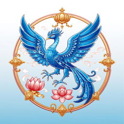 An emblem representing a medieval Asian kingdom, featuring a unique blue Suzaku (Vermilion Bird) as the central symbol, inspired by Chinese cosmology