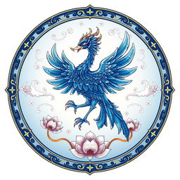 An emblem representing a medieval Asian kingdom, featuring a unique blue Suzaku (Vermilion Bird) as the central symbol, inspired by Chinese cosmology