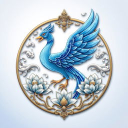 An emblem representing a medieval Asian kingdom, featuring a unique blue Suzaku (Vermilion Bird) as the central symbol, inspired by Chinese cosmology