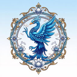 An emblem representing a medieval Asian kingdom, featuring a unique blue Suzaku (Vermilion Bird) as the central symbol, inspired by Chinese cosmology