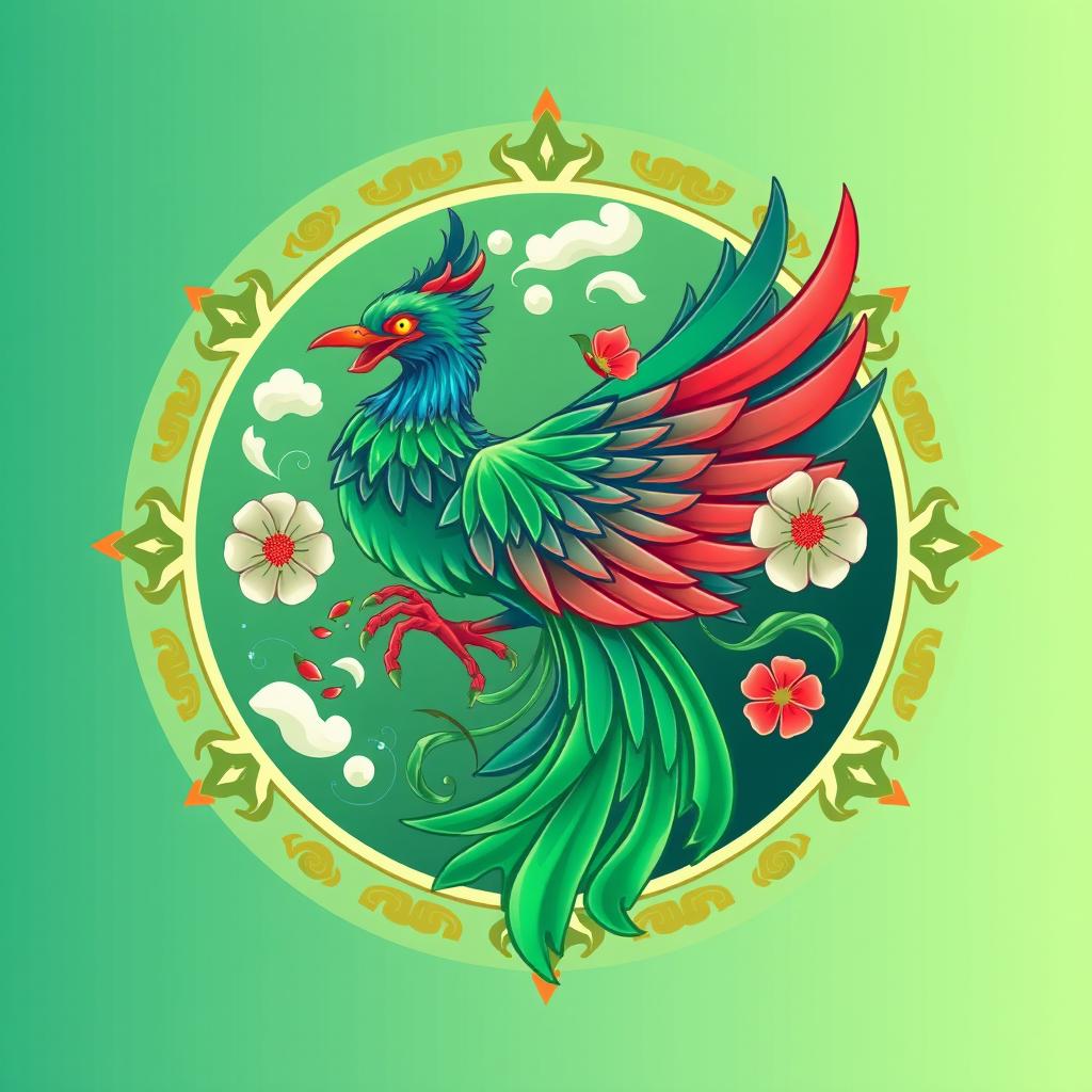 Un emblema que represente a un reino medieval asiático, con el Suzaku (Ave Vermilion) de la cosmología china como símbolo central, pero ilustrado en un color diferente