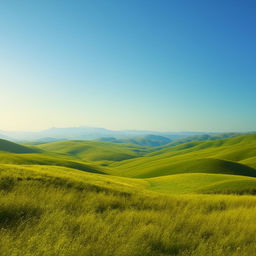 A breathtaking landscape showcasing rolling hills, lush greenery and a serene blue sky.