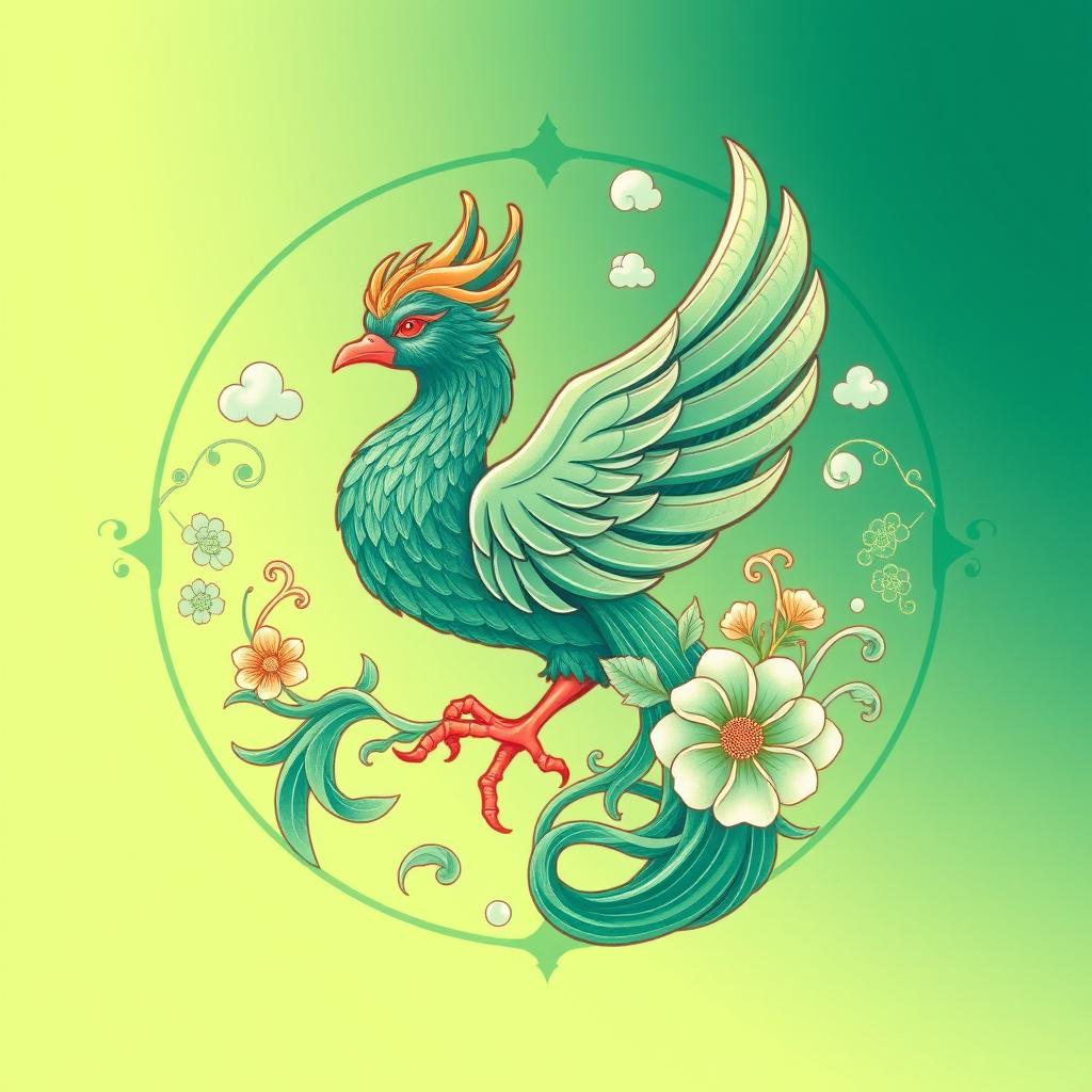 Un emblema que represente a un reino medieval asiático, con el Suzaku (Ave Vermilion) de la cosmología china como símbolo central, pero ilustrado en un color diferente