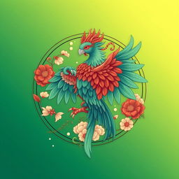 Un emblema que represente a un reino medieval asiático, con el Suzaku (Ave Vermilion) de la cosmología china como símbolo central, pero ilustrado en un color diferente