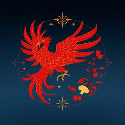 Un emblema que represente a un reino medieval asiático, con el Suzaku (Ave Vermilion) de la cosmología china como el símbolo central, pero presentándose en un color diferente, como un brillante tono púrpura con destellos dorados