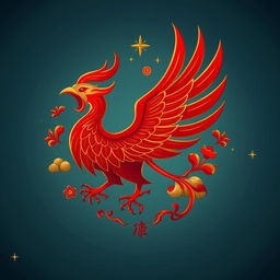 Un emblema que represente a un reino medieval asiático, con el Suzaku (Ave Vermilion) de la cosmología china como el símbolo central, pero presentándose en un color diferente, como un brillante tono púrpura con destellos dorados