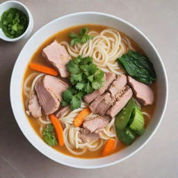 A delicious, steaming bowl of noodle soup, replete with vibrant vegetables, tender meat slices and sprinkling of herbs.