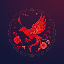 Un emblema que represente a un reino medieval asiático, con el Suzaku (Ave Vermilion) de la cosmología china como el símbolo central, pero presentándose en un color diferente, como un brillante tono púrpura con destellos dorados