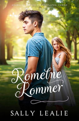 A romantic book cover featuring a young man with a stylish haircut, casually dressed, standing with his back facing a girl who looks intrigued