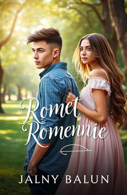 A romantic book cover featuring a young man with a stylish haircut, casually dressed, standing with his back facing a girl who looks intrigued