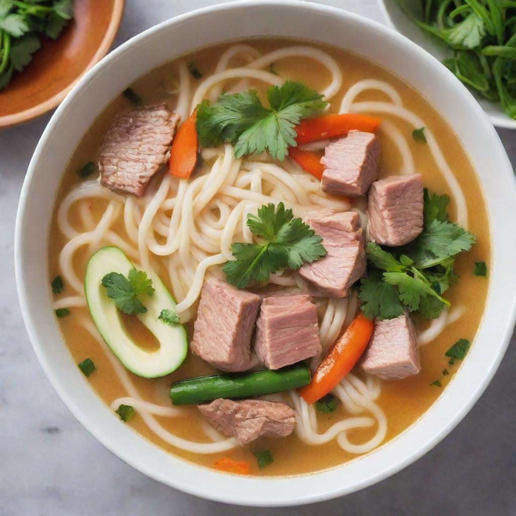 A delicious, steaming bowl of noodle soup, replete with vibrant vegetables, tender meat slices and sprinkling of herbs.