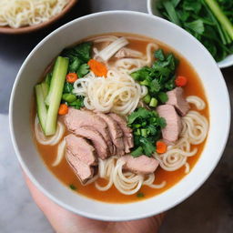 A delicious, steaming bowl of noodle soup, replete with vibrant vegetables, tender meat slices and sprinkling of herbs.