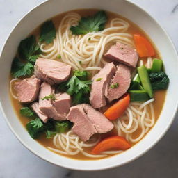 A delicious, steaming bowl of noodle soup, replete with vibrant vegetables, tender meat slices and sprinkling of herbs.