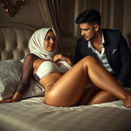 A captivating scene featuring a woman in a stylish hijab, elegantly lying on a tastefully made bed