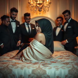 An artistic and captivating scene featuring a woman in a stylish hijab, showcasing her perfect silhouette while lying gracefully on a beautifully adorned bed