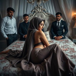 An artistic and captivating scene featuring a woman in a stylish hijab, showcasing her perfect silhouette while lying gracefully on a beautifully adorned bed