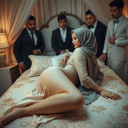 An artistic and captivating scene featuring a woman in a stylish hijab, showcasing her perfect silhouette while lying gracefully on a beautifully adorned bed