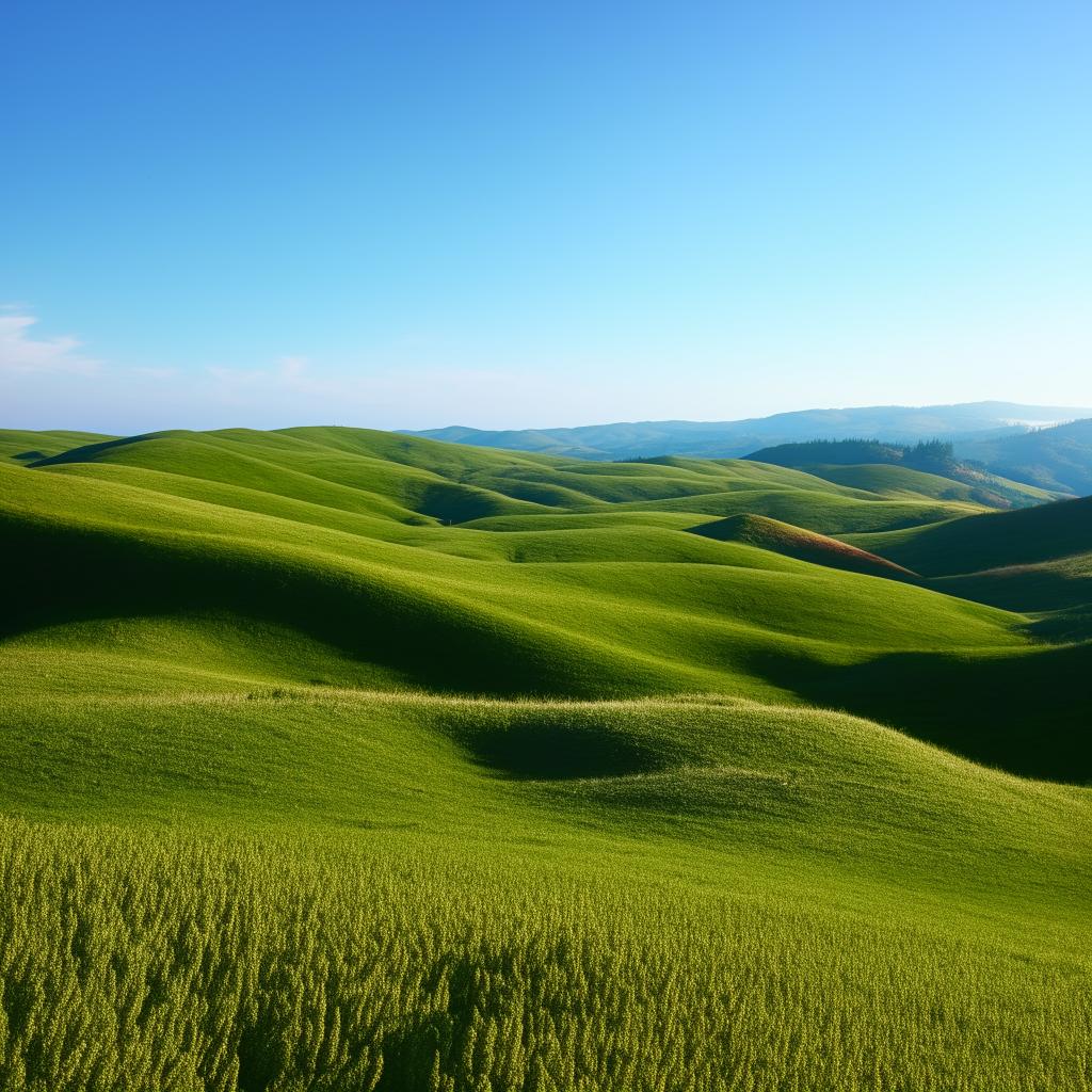 A breathtaking landscape showcasing rolling hills, lush greenery and a serene blue sky.