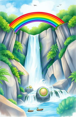 A vibrant and colorful rainbow arching gracefully over a majestic waterfall, the scene depicted in a soft and whimsical watercolor style