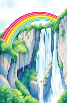 A vibrant and colorful rainbow arching gracefully over a majestic waterfall, the scene depicted in a soft and whimsical watercolor style