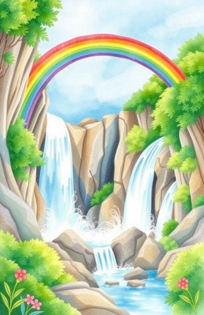 A vibrant and colorful rainbow arching gracefully over a majestic waterfall, the scene depicted in a soft and whimsical watercolor style