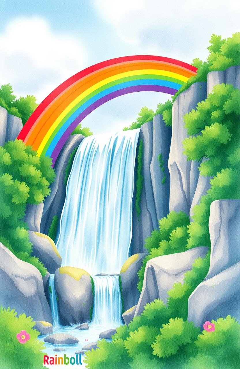 A vibrant and colorful rainbow arching gracefully over a majestic waterfall, the scene depicted in a soft and whimsical watercolor style