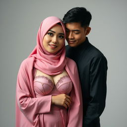 Sebuah scene artistik yang menarik menampilkan wanita berjilbab yang elegan, mengenakan bra dan celana dalam berwarna pink